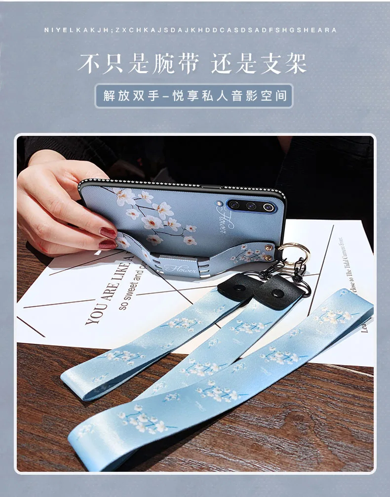 For Xiaomi Mi 9 Case Soft Fashion With wristband diamond Flowers Protective Back Cover for xiaomi mi9 phone shell |