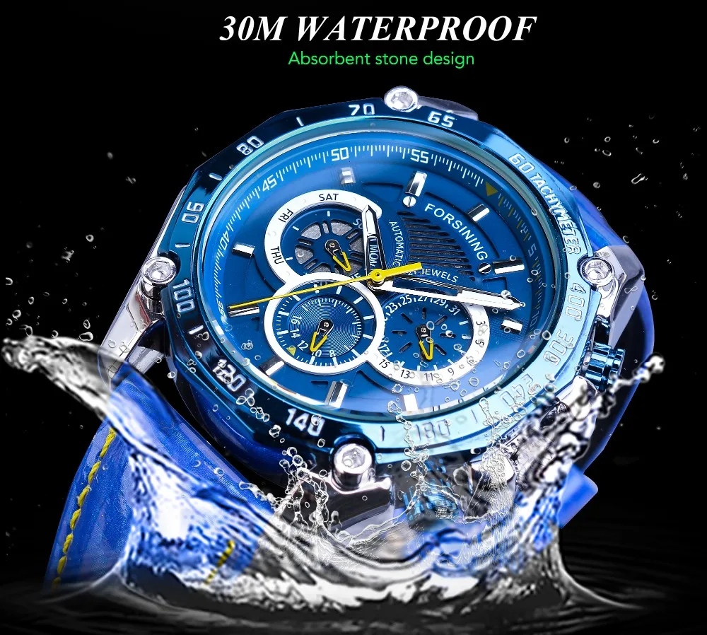 Forsining Blue новые автоматические мужские часы модные скоростные спортивные часы с кожаным ремешком и датой механические часы с большим циферблатом