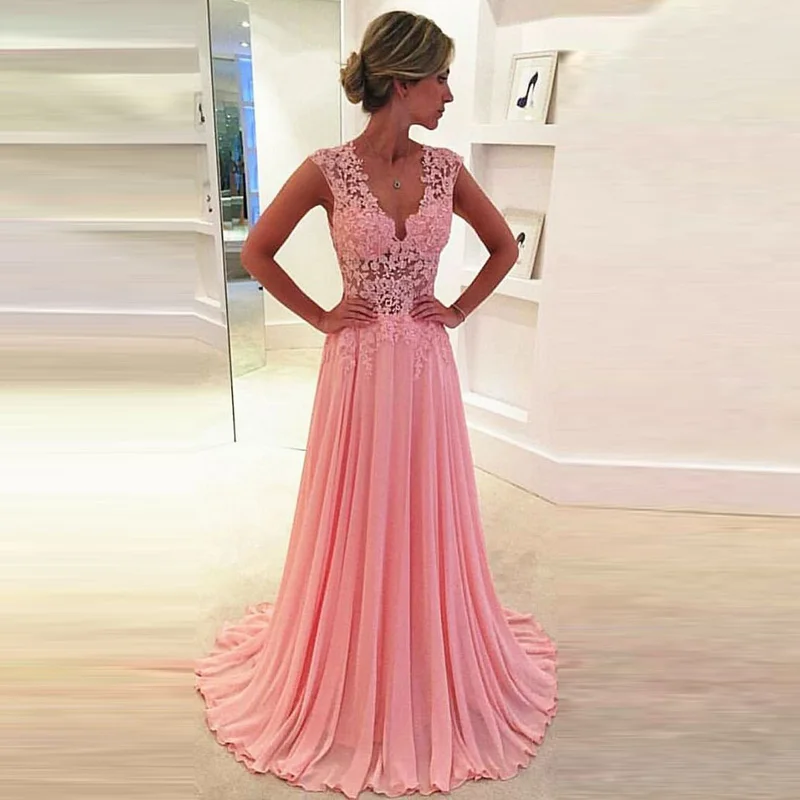 Розовый Сексуальное прозрачное кружевное длинное Выпускное Платье vestido de festa Розовое Шифоновое торжественное платье с глубоким v-образным вырезом для свадебной вечеринки - Цвет: Розовый