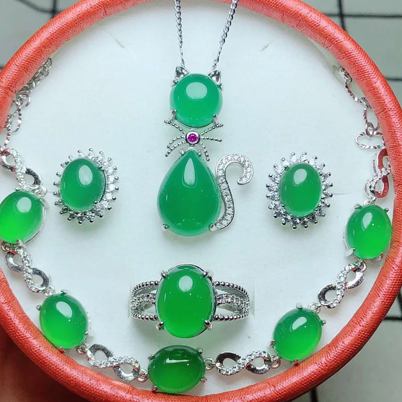green Yu Xin Yuan, ювелирный набор, натуральный нефритовый медальон, 925 серебро, кулон, кольцо, браслет, серьги, женские вечерние ювелирные изделия - Цвет камня: green
