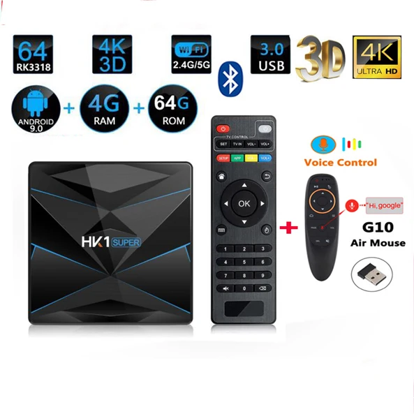 4G 64G G10 HK1 супер Android 9,0 google tv box RK3318 4K 3d Поддержка bluetooth опционально 5g wifi и голосовая воздушная мышь Netflix box youtube rk3318 - Цвет: 4G 64G G10