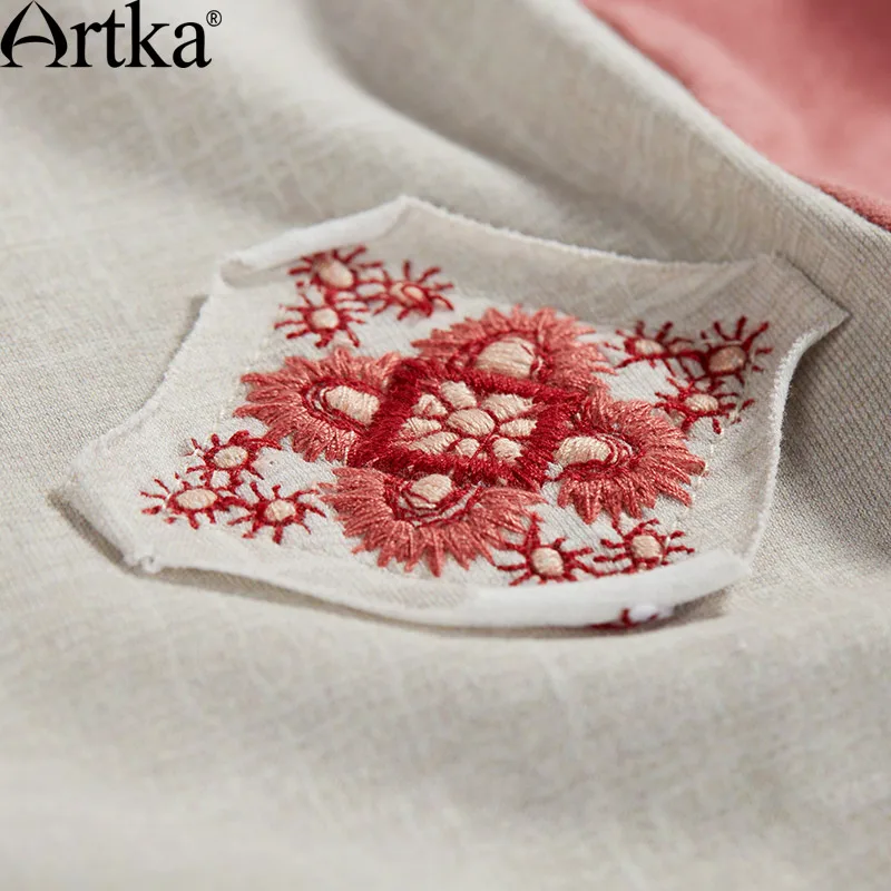 ARTKA Женская Лето 2 цвета этнические печатные футболка с нашивками Мода v-образный вырез с коротким рукавом удобные универсальные футболки TA10562X