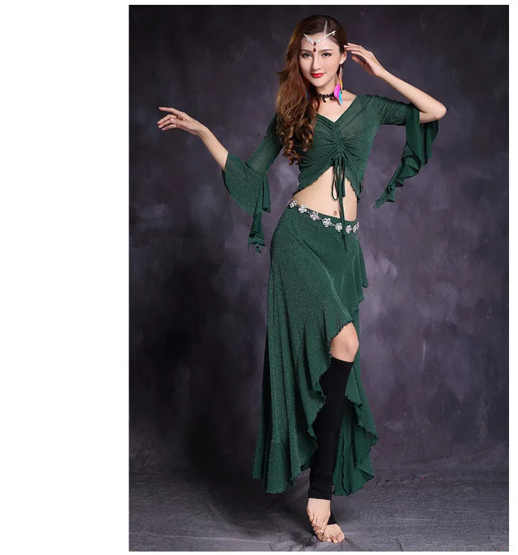 Dark green Женские костюмы для танца живота, женское длинное платье, волнистый край, рукав-бабочка, для танца живота, тренировочная одежда, топ+ юбка, Одежда для танцев, костюм - Цвет: Dark green
