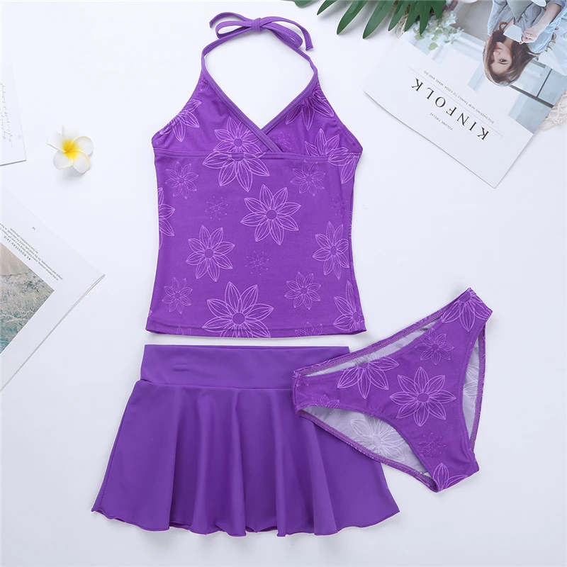 Купальник для девочек 3 шт. топ с лямкой на шее Детские комплекты коротким низом и