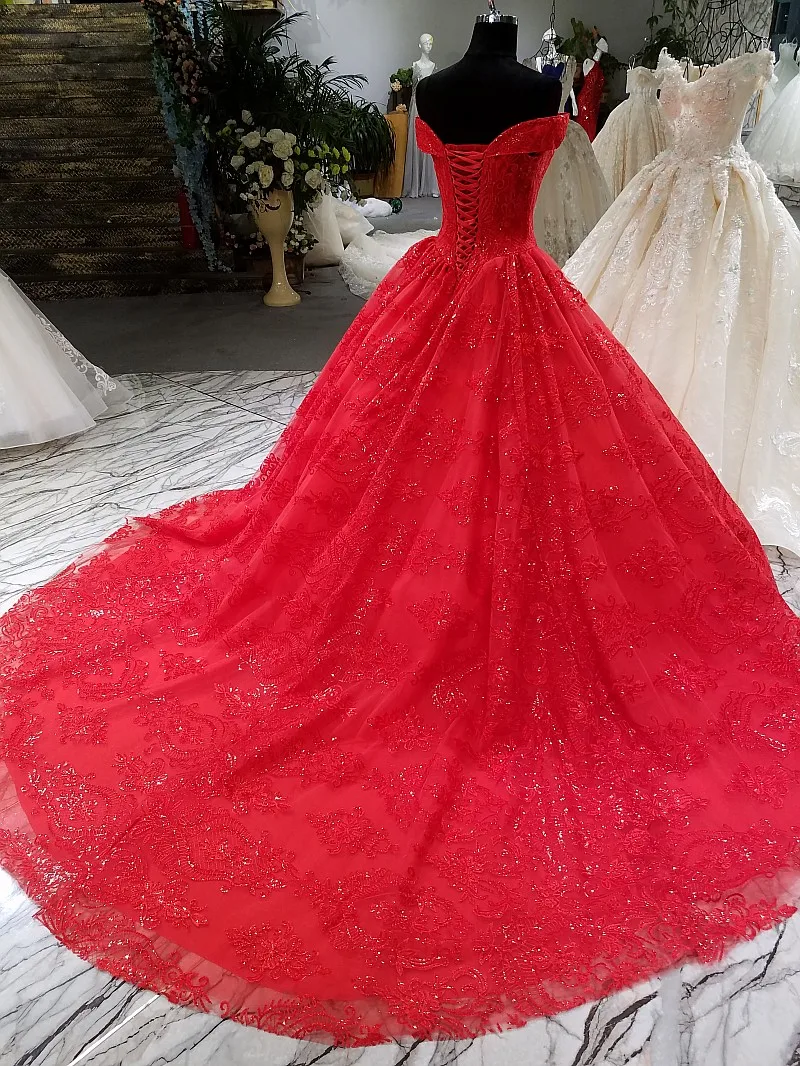 CloverBridal высокого качества 50 см Поезд из бисера с кружевной аппликацией ruched с открытыми плечами сверкающих бальный наряд красный торжественное платье