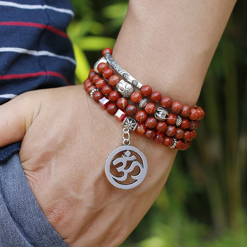 108 Mala Beads Natural Red Stone Wrap Bracelet Crystal Yoga Necklace Meditation Rosary Lotus Alloy Charm Bracelets | Украшения и