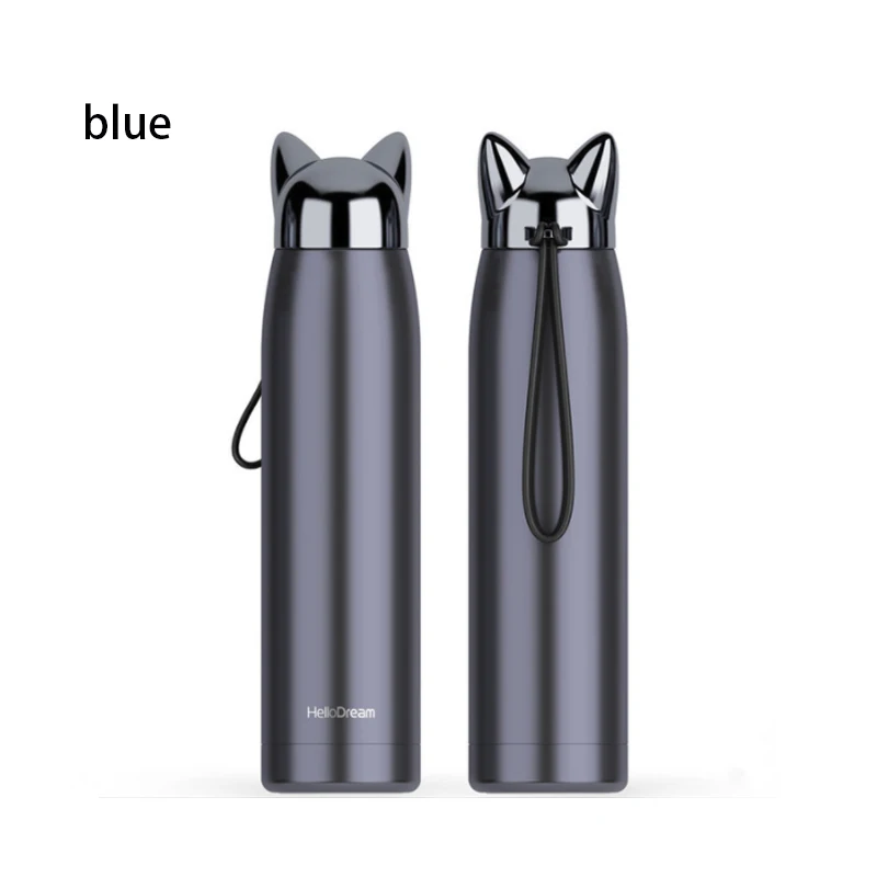 Blue 320 мл Термос с двойными стенками, милый кот, лисичка, ухо, Термокружка для кофе, чая, молока, путешествий, термосы из нержавеющей стали - Цвет: Blue