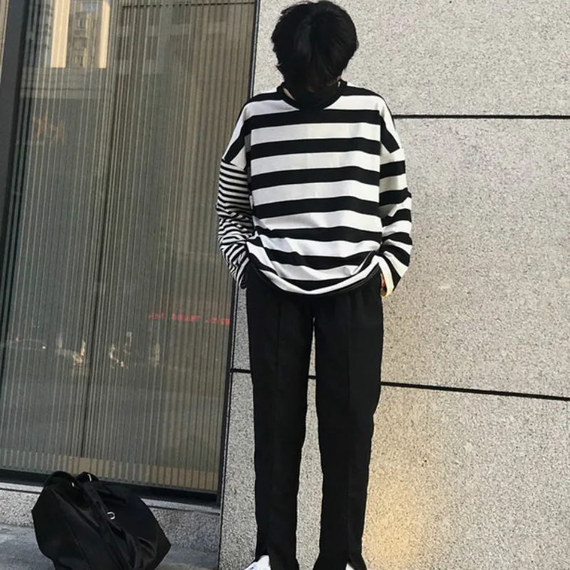 Harajuku полосатая Базовая футболка в стиле пэчворк с длинным рукавом, Свободные повседневные футболки, новая модная уличная одежда, стильная футболка в стиле гранж БФ унисекс