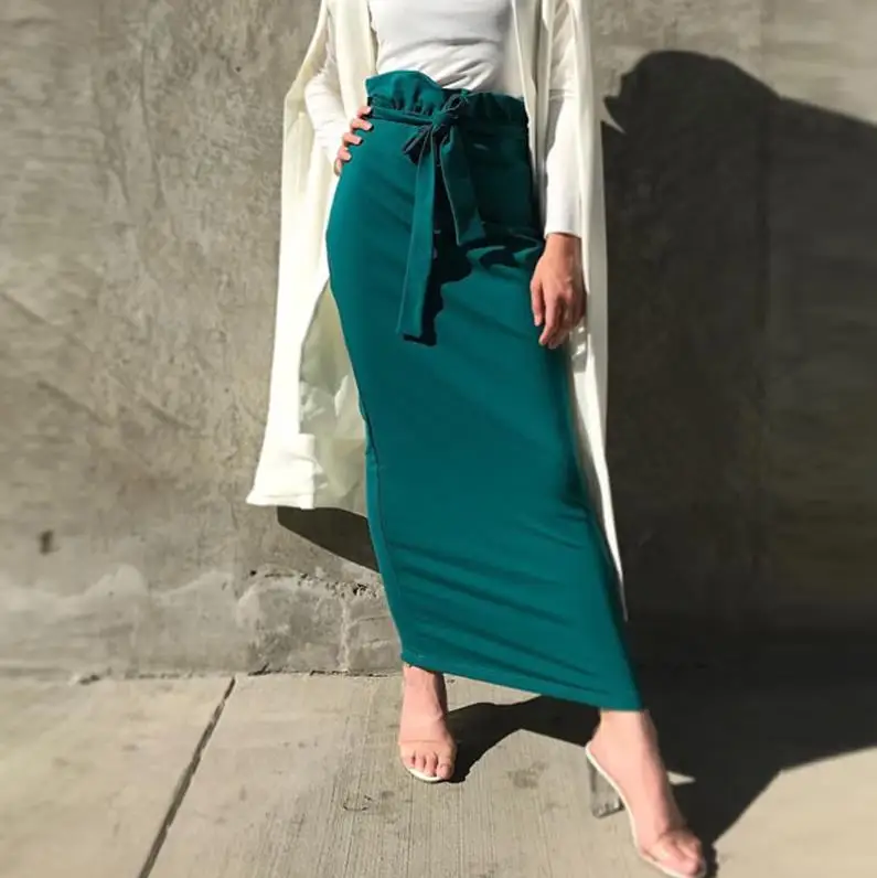 Dark green skirt Юбки с оборками размера плюс, Faldas Mujer Moda, лето, абайя, Дубай, мусульманская длинная Макси юбка с высокой талией, женская юбка, Jupe Longue Femme - Цвет: Dark green skirt