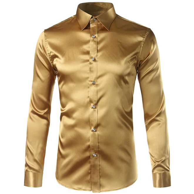 gold Трендовая шелковая атласная Мужская рубашка с длинным рукавом Chemise Homme модная мужская приталенная рубашка из искусственного шелка на пуговицах - Цвет: gold