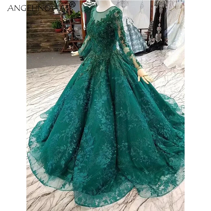 ANGEL NOVIAS кружевное роскошное бальное платье с длинными рукавами зеленое мусульманское свадебное платье из Саудовской Аравии Abito Da Sposa Principess
