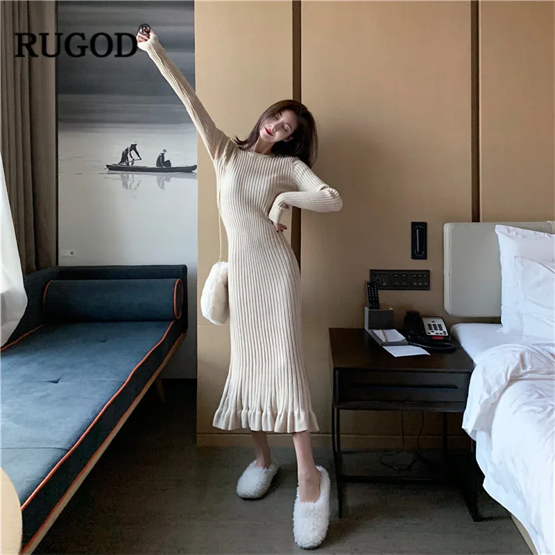 RUGOD Sexy Bodycon Women Dress Solid O-Neck Midi Casual Long Sleeve Trumpet Spring vestidos mujer 2018 | Женская одежда