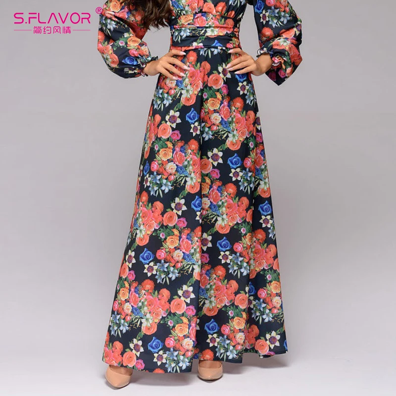 S.FLAVOR Bohemian Lantern Sleeve Women Long Dress Elegant V-neck Waist Floral Printed Party Vestidos Spring Summer Casual | Женская