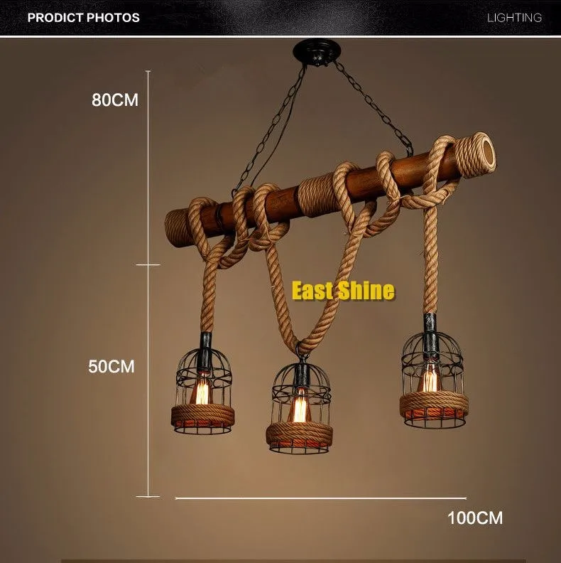 Винтажный бамбуковый подвесной светильник с 3 головками пеньковая веревка железная клетка светильник Промышленный Лофт бар кафе ресторан освещение светильники