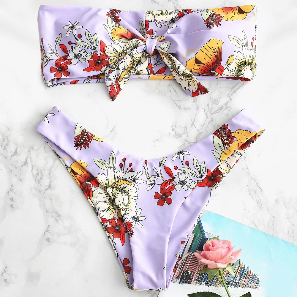 

Women Knot Floral Print Bandeau Bikini Set Women Strapless Padded Bikini Sexy Thong Bikini Swimsuit Biquini Beachwear Swimwear