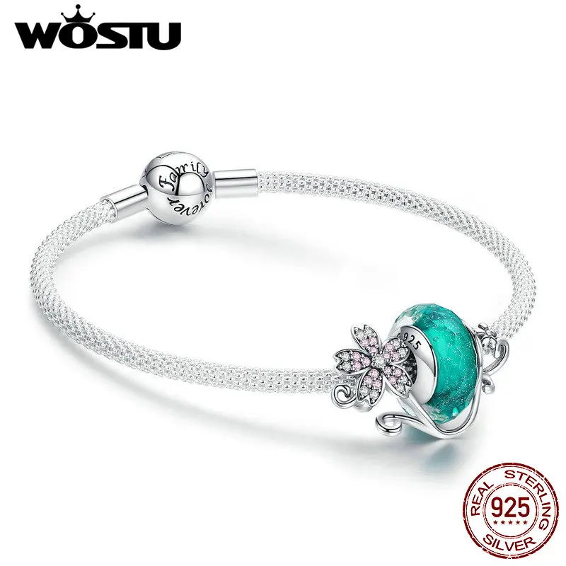 WOSTU Стерлинговое Серебро 925 пробы зеленый муранский бисер розовый цветок