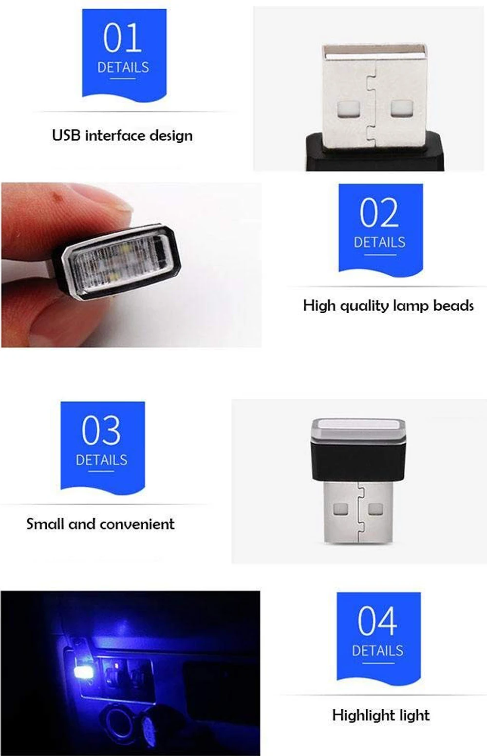 2 шт., Автомобильный USB светодиодный светильник, декоративная лампа, аварийное освещение, универсальный портативный ПК, подключи и играй, красный/синий/белый