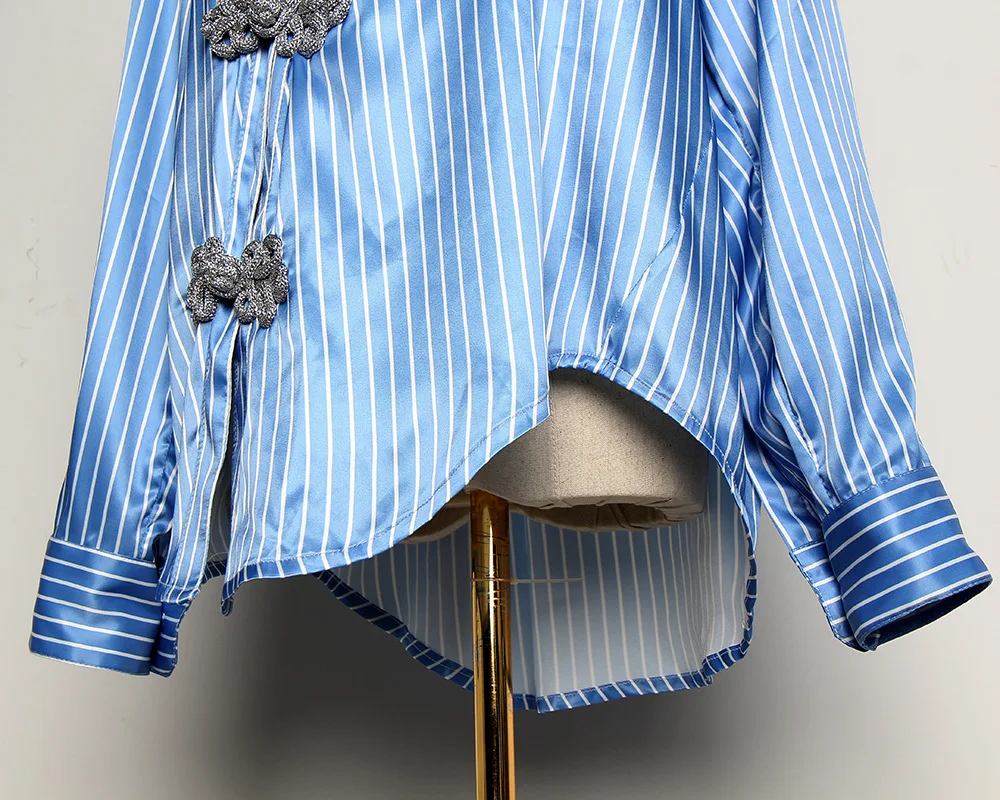 

2021 Cotton Regular Rushed Blusas Women Tops Chinese Style Spring Retro Stripe Slanted Door Shackle Buckle Asymmetric Shirt