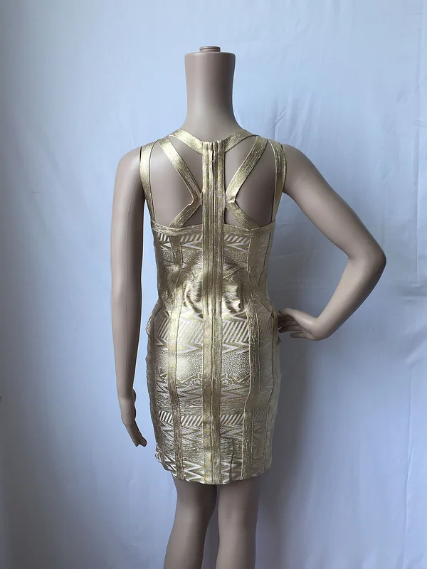 

High Quality Gold Stamping Strap Sleeveless Mini Bandage Dress Evening Party Dress