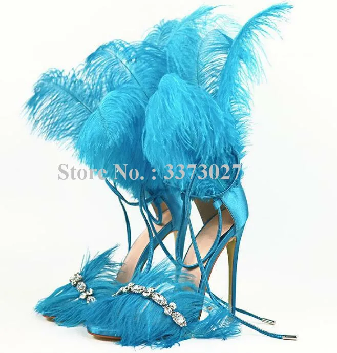 Murah Bulu Tipis Tumit Kristal Gladiator Sandal Fashion Wanita Cross-Dasi Stiletto Tinggi Tumit Sandal Bling Rhinestone Pompa