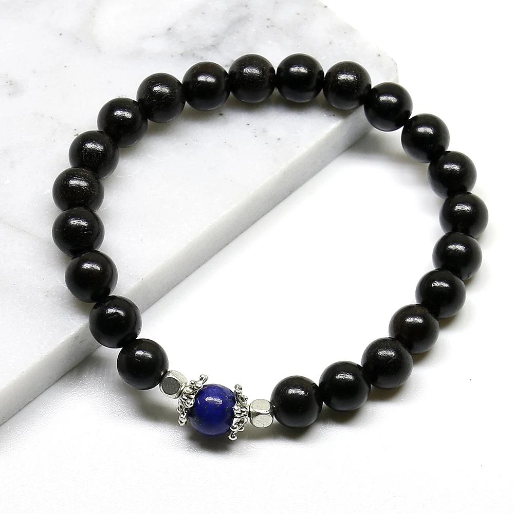 Натуральный черный сандалового дерева и лазурит Будды браслет камень Йога