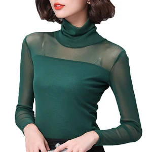 Женская кружевная блузка с длинным рукавом, эластичные сетчатые топы, повседневные блузки, прозрачный топ, 2019