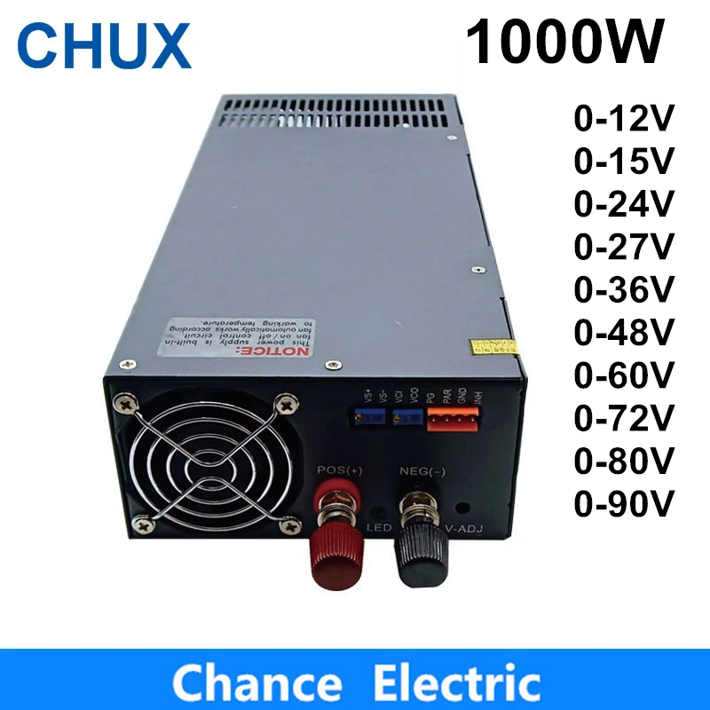 

CHUX 12V 15V 24V Adjustable Switching Power Supply 1000W 27V 36V 48V 60V 72V 80V 90V 110V 220V AC to DC LED Power Supply