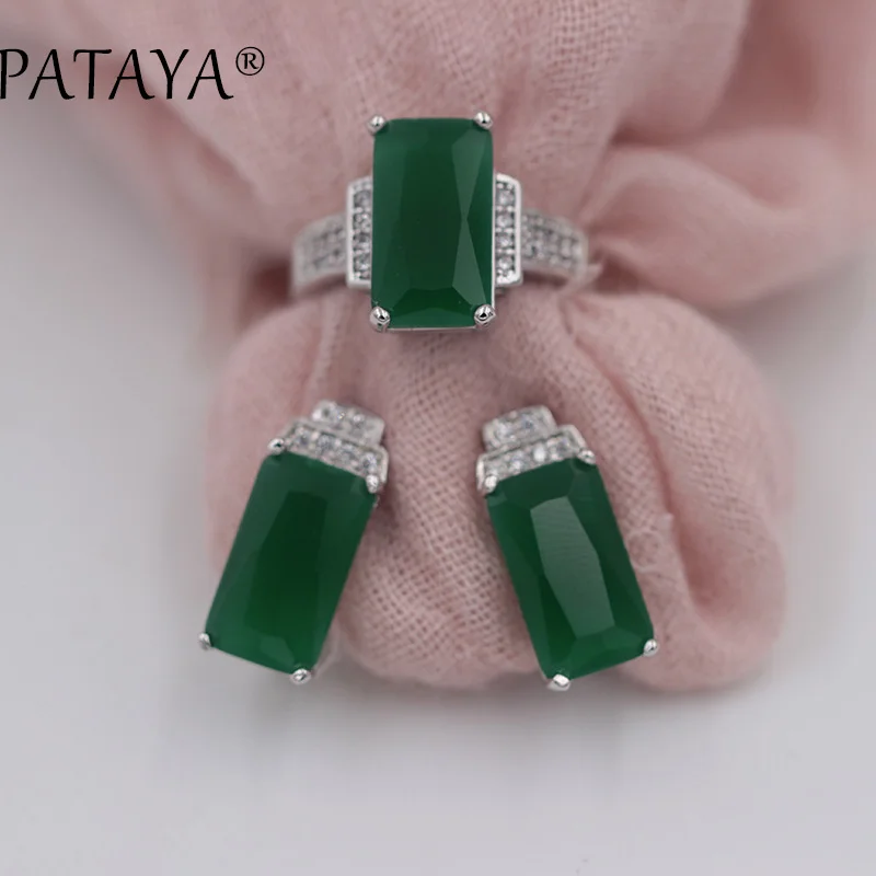 PATAYA New Square Green Natural Zirconia Earrings Ring Sets Women Wedding Party True White Gold Romantic Jewelry Set Multicolor | Украшения