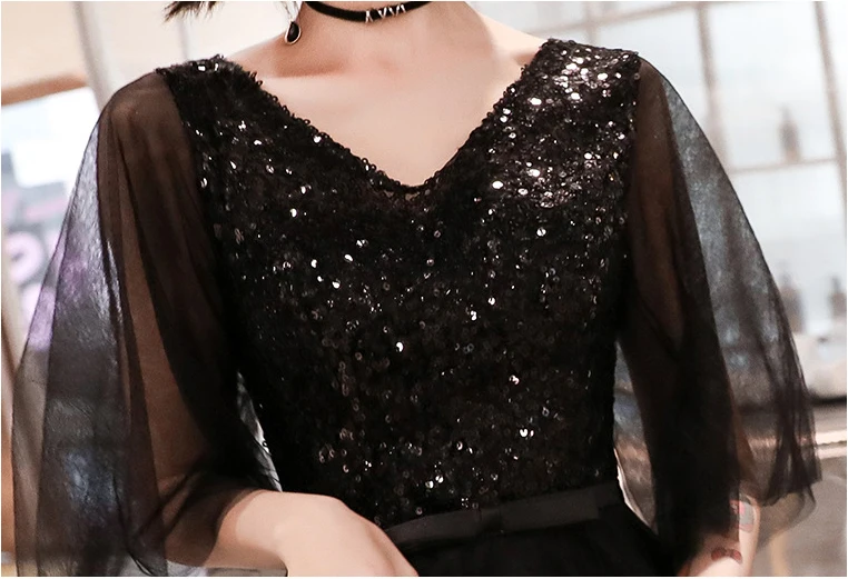 

Black Womens V-Neck Wedding Party Dress Flare Sleeve Evening Cheongsam Elegant Maxi Qipao Long Gown Vestido