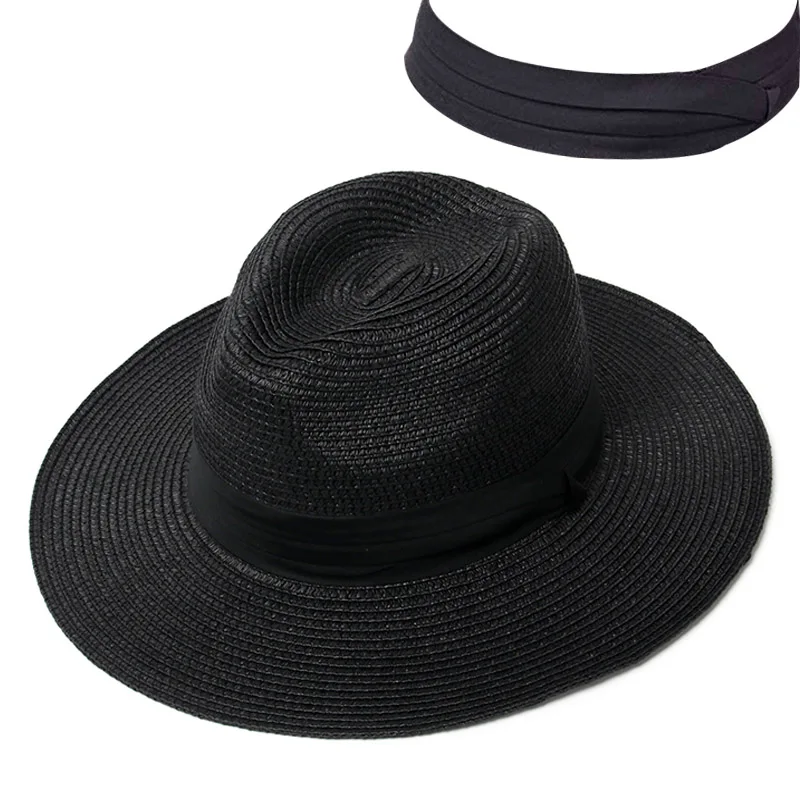 Black Шляпа женская летняя шляпа соломенная шляпа Панама Fedora пляжный отдых широкими полями козырек повседневное летние шля - Цвет: Black