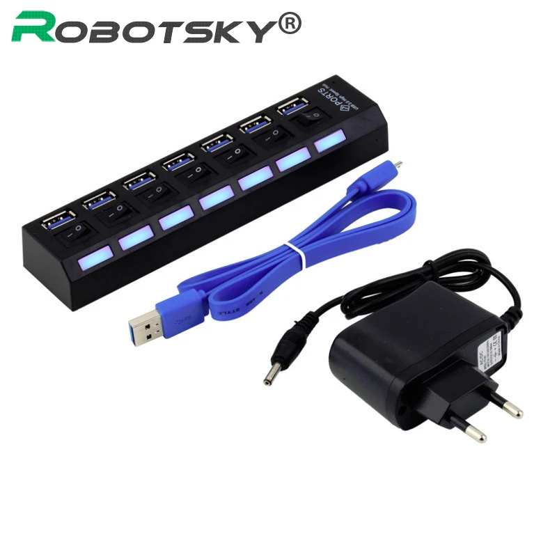 

Robotsky 7 Port High Speed USB 3.0 HUB Splitter with ON/OFF Switch LED EU/US/UK Plug for PC Laptop