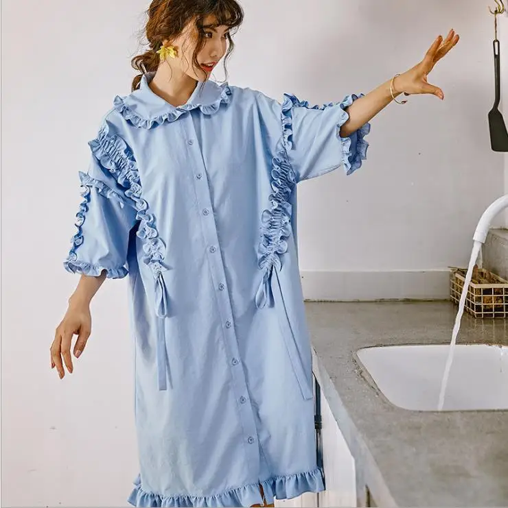 

Stylish Blue Shirt Dress Turn-down Collar Single-breasted Loose Dresses Summer Casual Women Vestidos