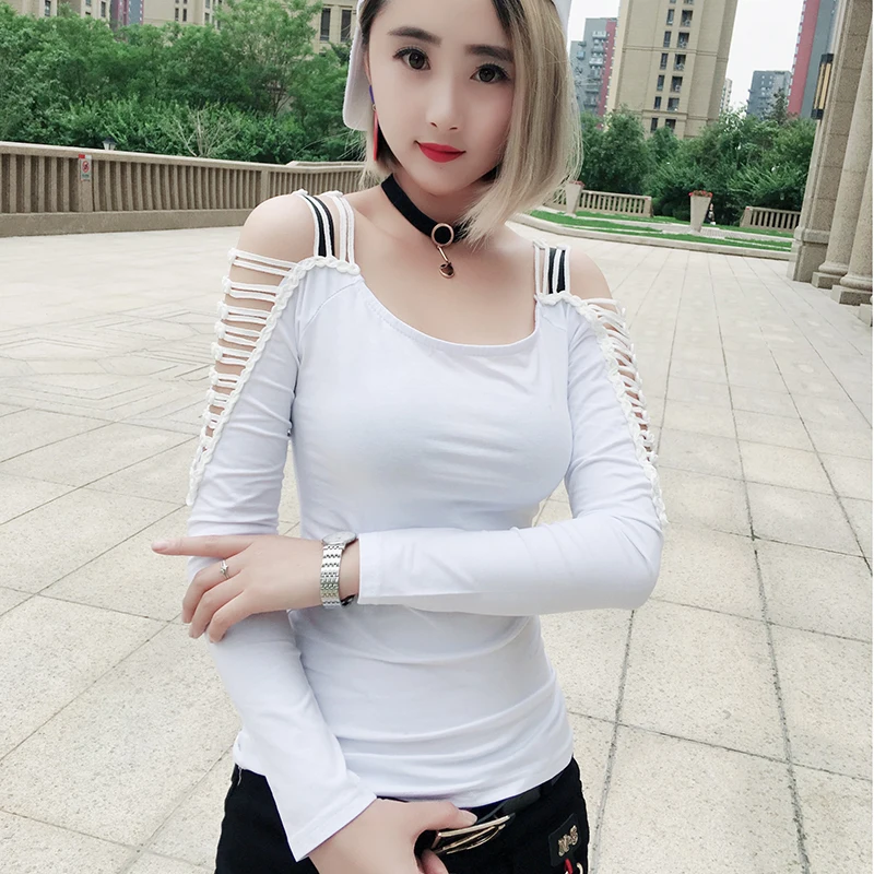 Korean Patchwork Sexy Hollow Out Shoulders Lace Tshirt New Autumn Women Top Long Sleeve Clothes Shirt Camiseta Mujer T97208