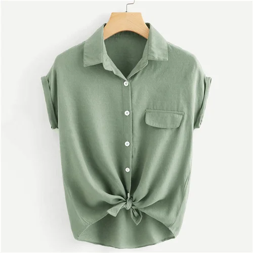 Green-2 Dotfashion, свернутая манжета, пуговица, завязанная кромка, рубашка, Женские топы и блузки, летние топы для женщин, Повседневная Блузка с коротким рукавом - Цвет: Green-2