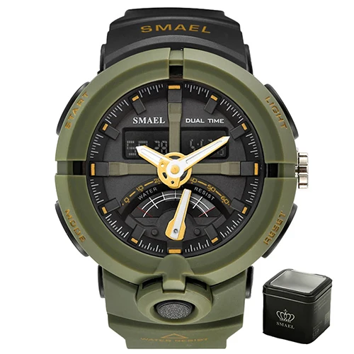 Army Green with box Мужские часы, водонепроницаемые, SMAEL, брендовые, роскошные часы, хронограф, Автоматическая Дата, наручные часы, красные, 1637, часы, электронные, мужские часы, цифровые - Цвет: Army Green with box