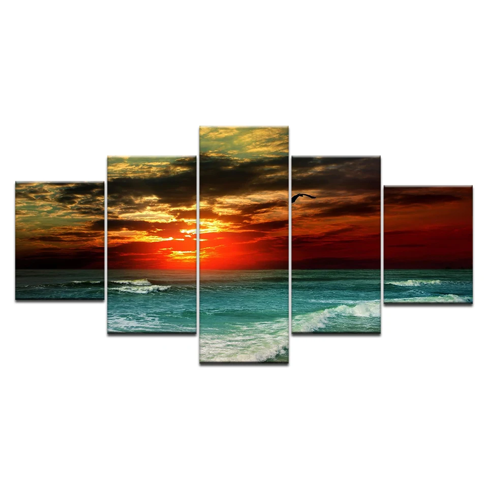 

Living Room HD Printed Painting Home Decoration 5 Panel Sunset Glow Tinted The Sky Red Posters Modern Wall Art Pictures Frame