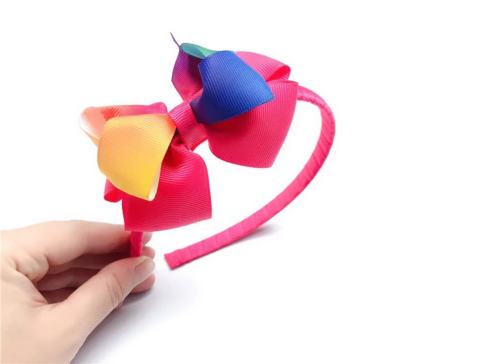 Бутик 1 шт Мода ленты лук Hairbands сплошной Градиент Радуга Цвет бант для волос