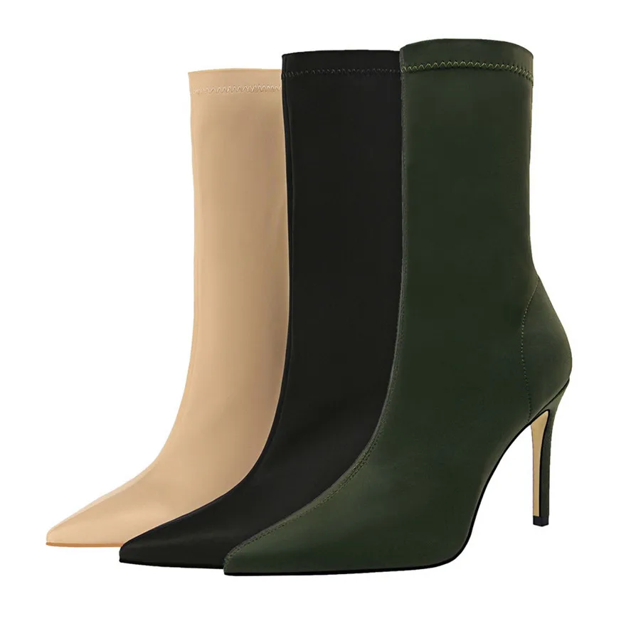 Лаконичные эластичные женские сапоги из лайкры Новая Осенняя обувь на высоком