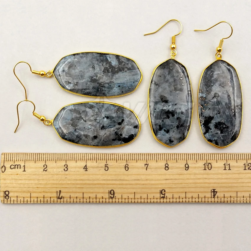 WT-E349 Wholesale natural black labradorite stone earrings with 24K gold trim fashion rhombus jewelry for women | Украшения и