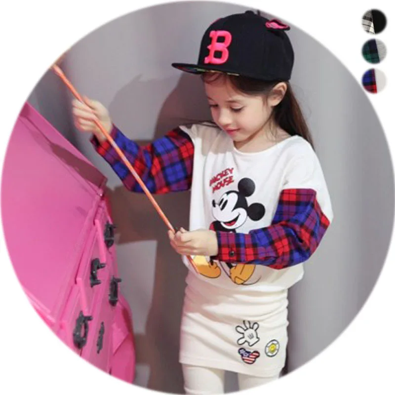 Весенние футболки с длинными рукавами и принтом Микки для девочек хлопковые