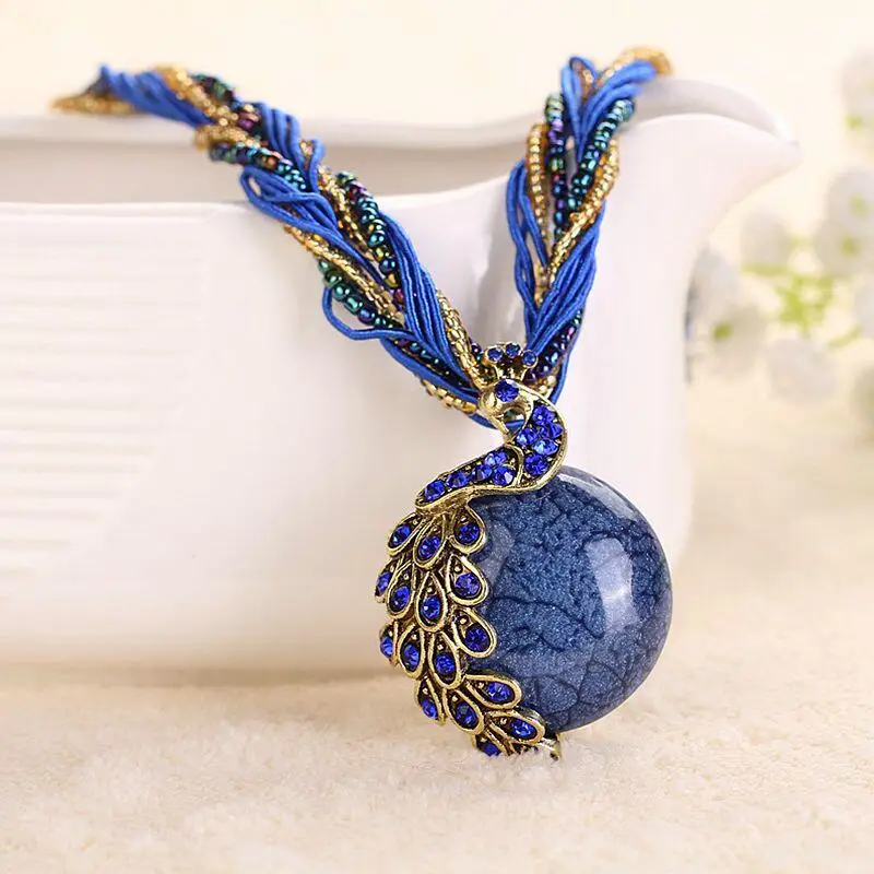 YAAYOO Newest Colorful Rhinestone Gem Peacock Statement Necklace Pendant Women Summer Style Fashion Jewelry For Gift Party | Украшения и