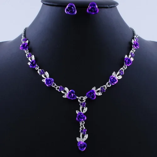 purple Цветочное ожерелье Свадебный Африканский бисер ювелирный набор модное винтажное ожерелье серьги свадебные комплекты украшений для женщин - Окраска металла: purple