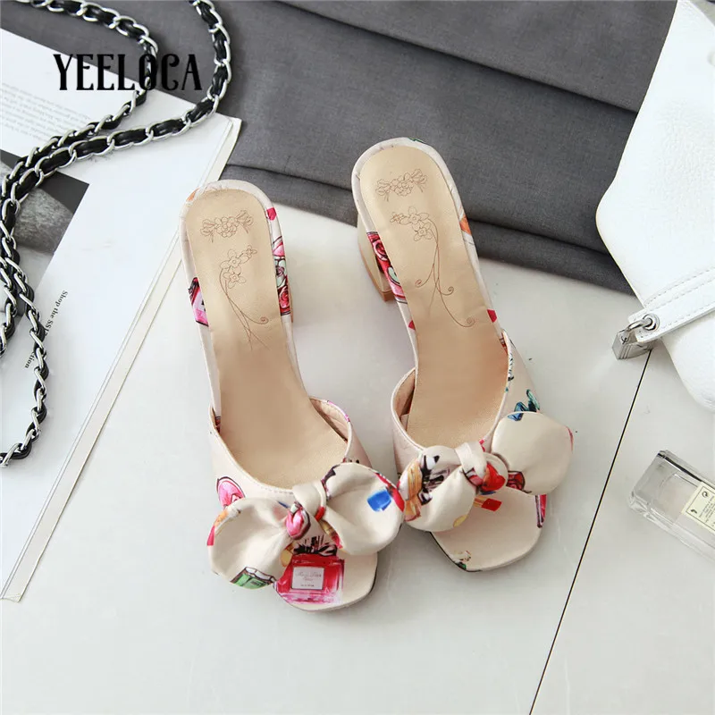 

YEELOCA 2019 women summer outside slippers open toe high heels strange style butterfly knot silk print slides woman shoes