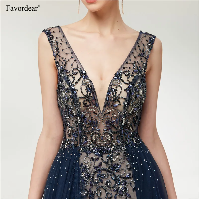 Favordear Сексуальные темно-синие блестящие вечерние платья с открытой спиной и