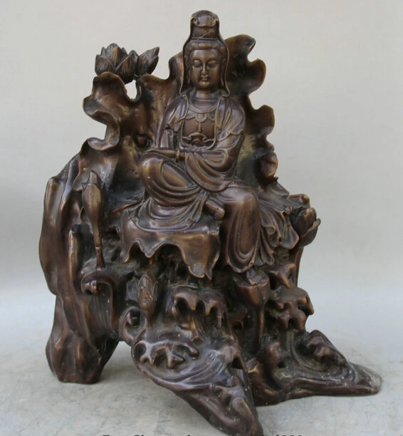 

xd 003413 15" Chinese Bronze Seat lotus leaf Kwan-yin Guan Yin Boddhisattva Goddess Statue