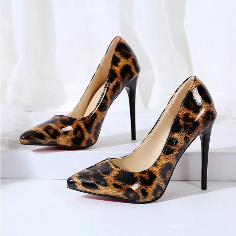 

New Women Shoes Pump Leopard Patent Leather 11.5cm Thin High Heels Pointed Toe Shallow Lady Sexy Party Female Shoes Plus Size