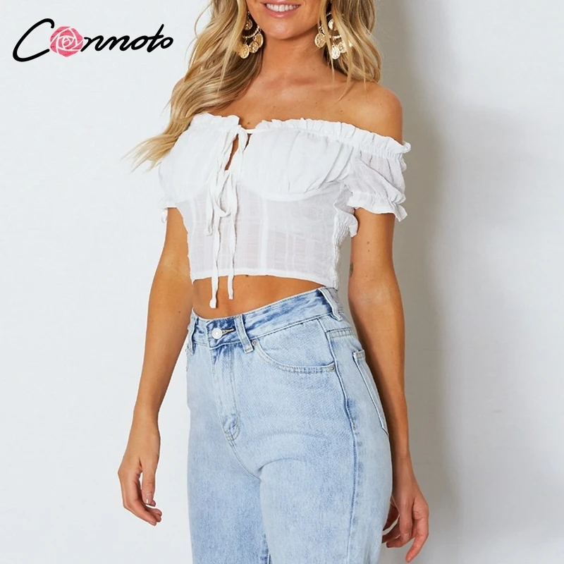 Conmoto Off Shoulder Sexy Womens Tops Shirts Solid Summer Female Shirt Beach Ruffles Lace Up Crop Top | Женская одежда