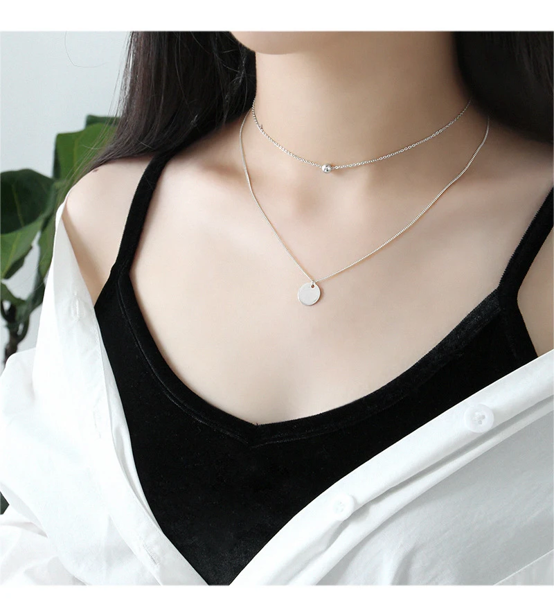 Genuine 925 Sterling Silver Necklace Geometric Round Beads Double Clavicle Necklace Chains Female Silver Jewelry