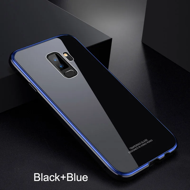 Black Blue Роскошный Жесткий стеклянный чехол для телефона samsung Galaxy S9 S9 Plus S9+ металлический бампер+ покрытие PC Edge чехол для samsung S9Plus - Цвет: Black Blue