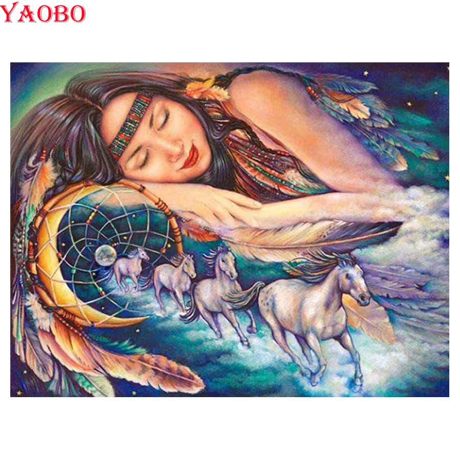 Алмазная 5D картина &quotсделай сам&quot Ловец снов индийская женщина и лошадь